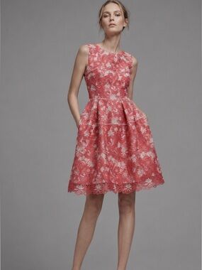 Talbot Runhof Coral & White Floral Lace Fit & Flare Designer Cocktail Dress Sz 8